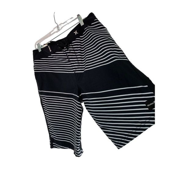 Mens Hurley Board Shorts Black stripe Size 34 GUC Drawstring zip pocket 6368 - Picture 3 of 8